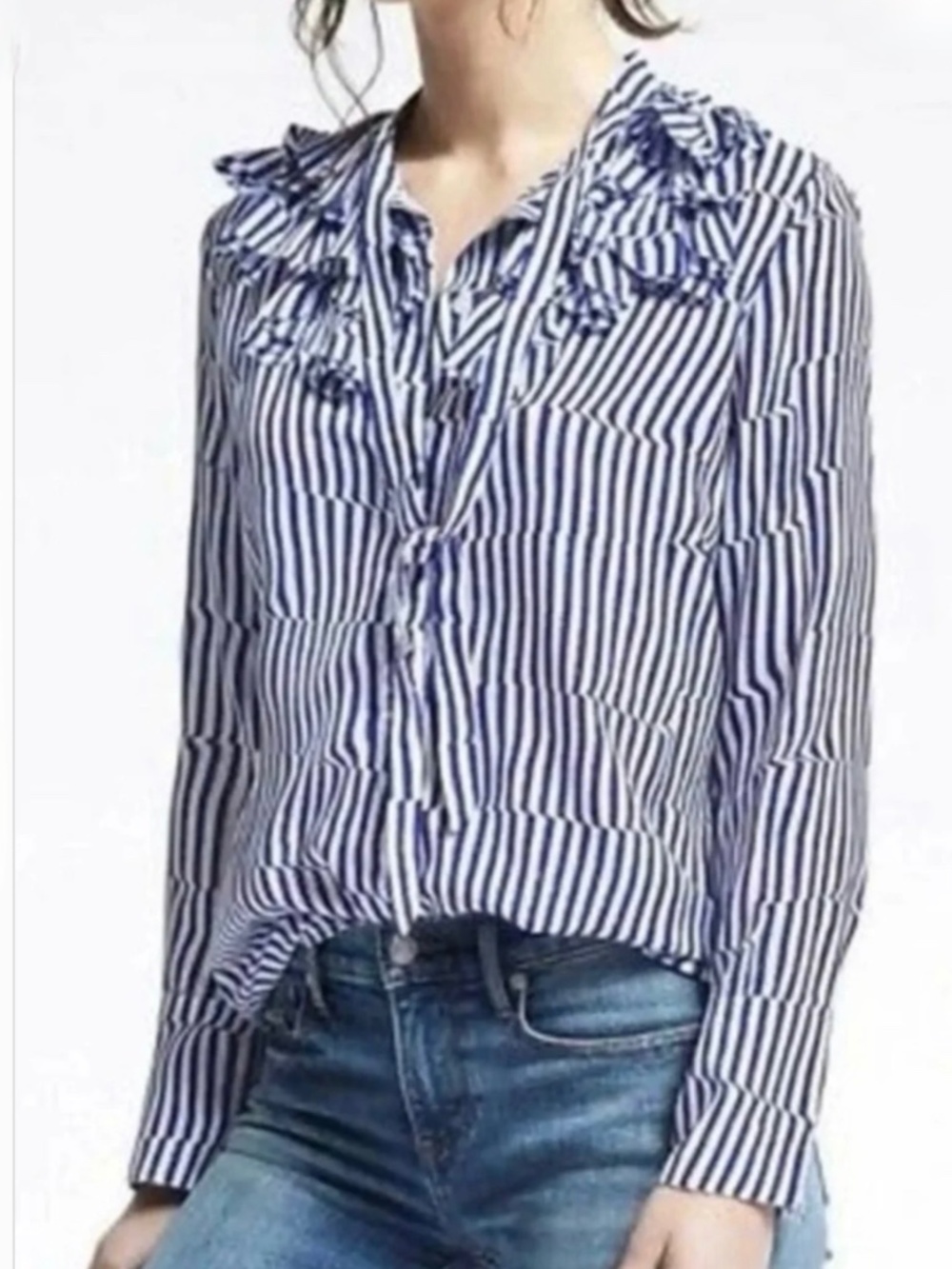 Banana Republic Elsie Ruffle Flutter Sz XL Top Striped Blue White Blouse Button